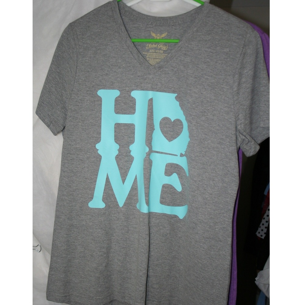 Faded Glory Georgia Home Graphic V-Neck Tee Heather Grey Turquoise L 12-14